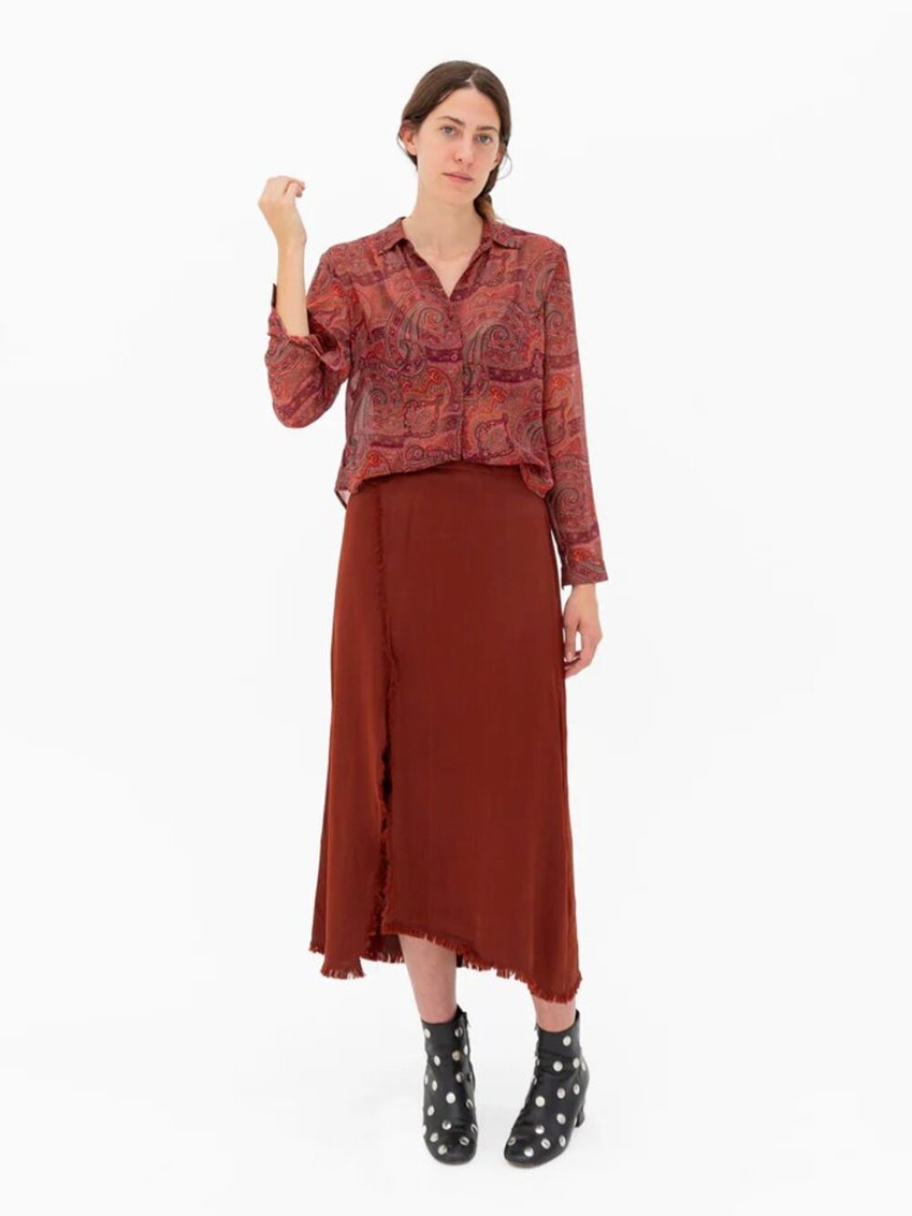 FAITHFULL THE BRAND Rust Brown Satin Fringed A-Line Midi Skirt, Size 6
